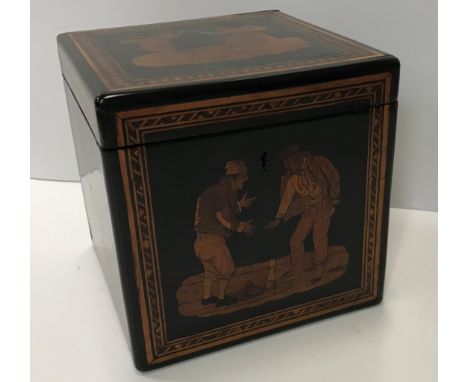 A 19th Century Continental rosewood and marquetry inlaid single section tea caddy each panel decorated with figures in variou
