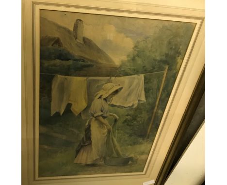 CATH B GULLEY RWA "Woman hanging washing, a thatched cottage in background", watercolour, heightened with white and body colo