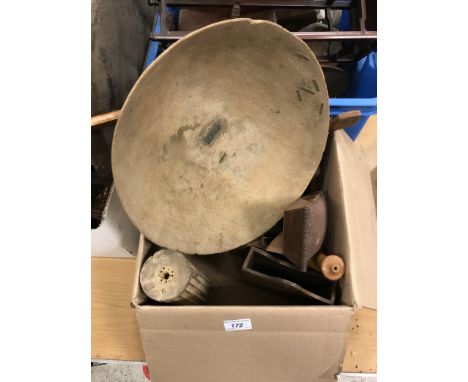 Three boxes containing a collection of various treenware including Art Deco carved wooden Corpus Christi (one arm missing) 50