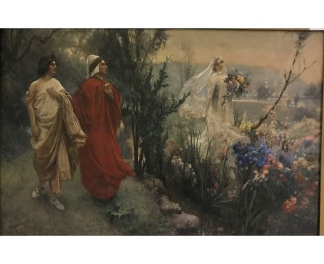 AFTER SALVATORE POSTIGLIONE "Dante Virgilio E Matelda", Classical scene with figures by lakeside, she in veiled white dress w