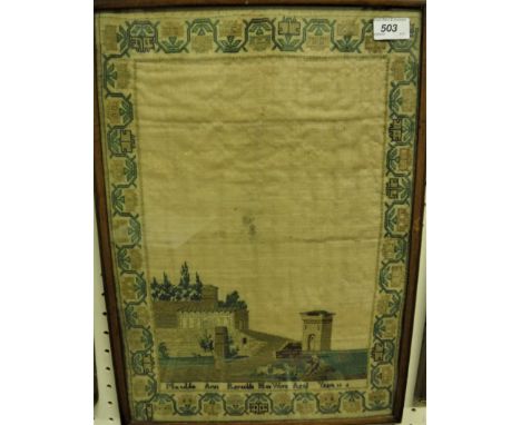 A 19th Century needlework sampler depicting a landscape with sheep also with dogs and figure in foreground, named Matilda Ann