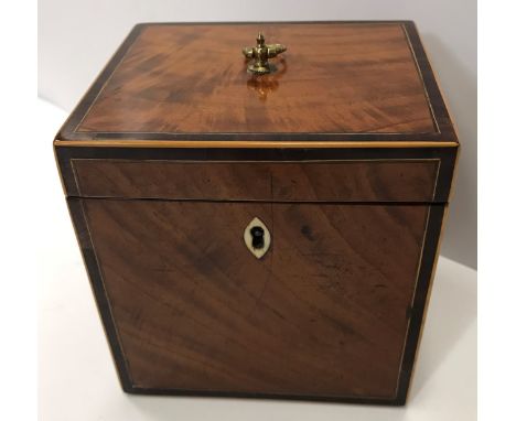 A late George III satinwood and mahogany banded single section tea caddy 11cm wide x 11.5cm high