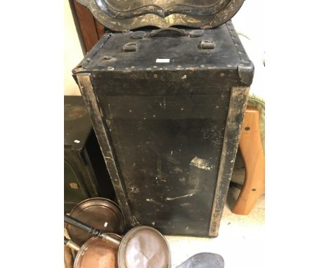 A vintage black painted canvas covered car trunk with studded and leather embellishments 99 cm wide x 50.5 cm deep x 50 cm hi