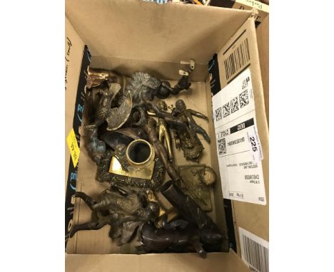 A box of various 19th Century and other bronze, brass and other figures including kneeling nude, owl on a book, 2 spread eagl