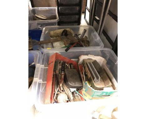 Seven crates of various tools and tooling to include a lathe type tool stamped "Goldsmiths College, 1910", a bottle jack leve