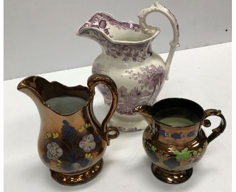 A collection of various china wares to include a puce transfer decorated toilet jug, small pearlware oval transfer decorated 