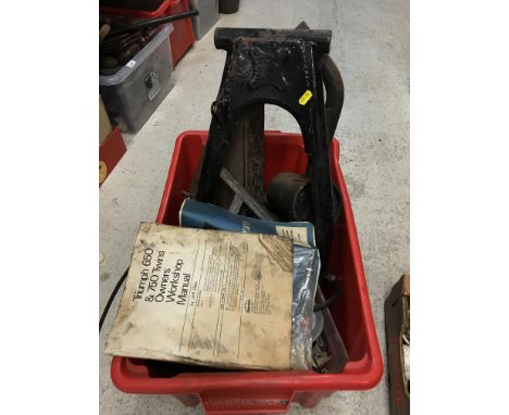 Two crates containing various motor cycle and automobilia including black painted iron forks, mirrors, Romac puncture repair 