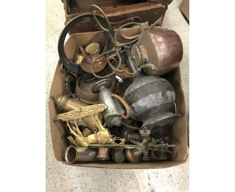 A collection of various copper, brass and other metalware to include a Middle Eastern pewter and brass bound flask with lid, 