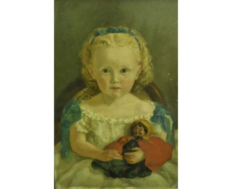 CONSTANCE AUGUSTA ROWLAND (1861-1926) "Young child with doll", a portrait study, half length, oil on board, unsigned, inscrib