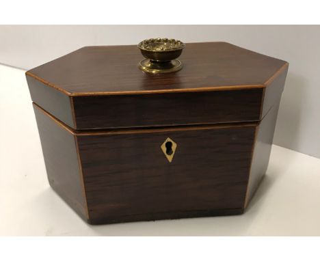 A Regency Australian buloke veneered and satinwood strung elongated hexagonal tea caddy with additional pressed brass knob ha
