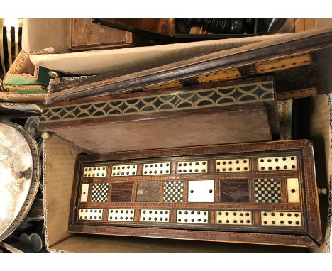 Three various cribbage boards, a collection of brass dominoes, carved box containing stained bone dominoes, a standard set of