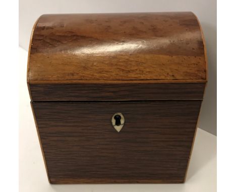A Regency Australian buloke veneered and satinwood strung dome top single section tea caddy 12.3cm wide x 13.2cm highConditio