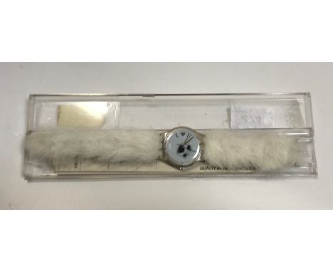 A circa 1995 Swatch "Seal" watch, the face inscribed "I heart u" with faux fur strap in Atlanta 1996 Centenial Olympic Games 