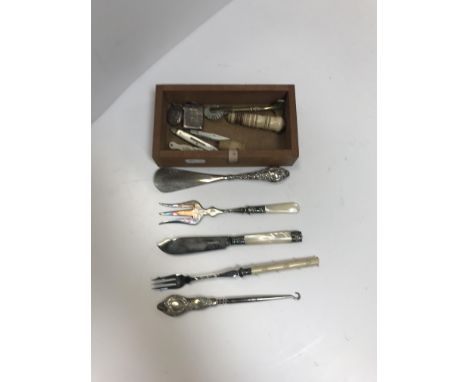 A collection of various objets de vertus including a burr walnut manicure box with bone / ivory fittings (scissors and knife 