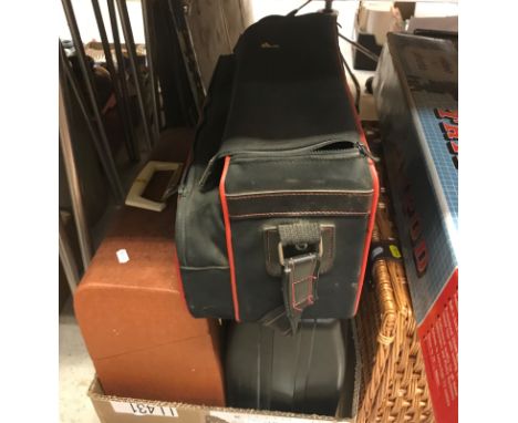 A Panasonic VHS HQ NV-M7B movie camera and accessories, in original case, with tripod and separate carry case, a cane picnic 
