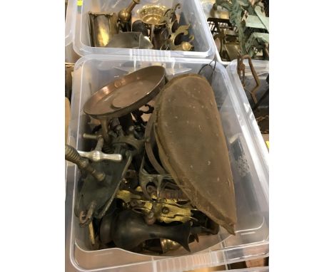 A crate and contents of various metalwares including stands, a smelting pot, a ewer, various brass taps, a boot tree, etc. to
