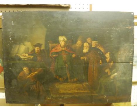 A 19TH CENTURY CONTINENTAL SCHOOL "Figures in an interior in the Old Master manner" oil on panel, 54cm x 76.5cm