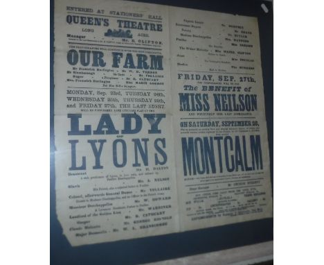 A 19th Century play bill for The Queens Theatre dated in pencil September 25th 1872 to top for performances of Lady Lyons and