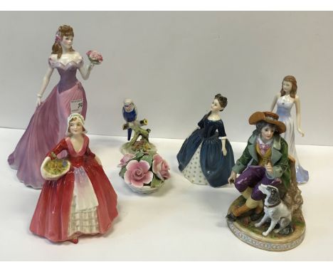 A 20th Century Ludwigsburg figure of a "Gentleman in 18th Century dress, seated on a tree stump, a dog at his side", bears bl