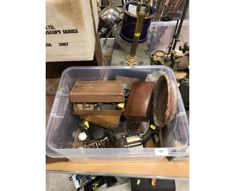 A collection of various mainly scientific instruments including an Alex Wright &amp; Co Ltd of Westminster pottery and brass 