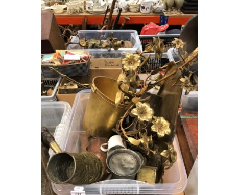 A collection of various metal wares to include gilt brass flower ornament with ormolu style bucket, Newlyn style fish embosse