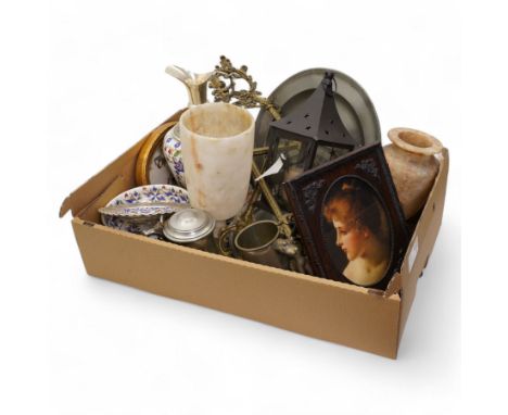 Pewter, ceramic ewer, marble vase, easel, framed prints and other ornaments 