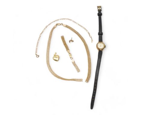 9ct gold fancy S link necklace (broken), 9ct gold fancy long and short link chain bracelet (broken), single opal earring, hea