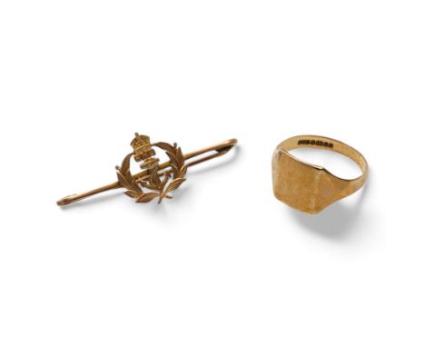 Gold Royal Naval Division brooch and a gold signet ring, both 9ctCondition Report:Approx 4.3gm, ring hallmarked other tested 