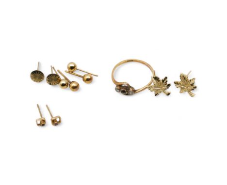 Early 20th century gold two stone diamond ring and five pairs of 9ct gold stud earringsCondition Report:Ring tested 17ct appr