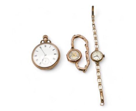 Early 20th century 9ct gold manual wind wristwatch, on expanding 9ct gold bracelet, one other 9ct gold wristwatch, on gold-pl