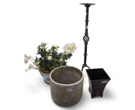 Stoneware planter, pricket candle stick, Kew Gardens planter and one other planter (4)