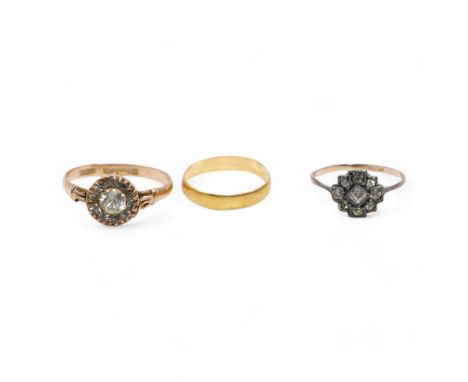 9ct rose gold paste stone set ring, Chester 1914, Victorian 22ct gold band, London 1888 and a 9ct gold and silver paste stone