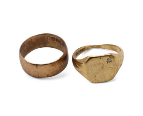 Gold wedding band and a gold signet ring, both hallmarked 9ctCondition Report:Approx 6.9gm, signet ring split