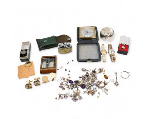 Silver jewellery, including earrings and rings, two ladies manual wristwatches, two travel clocks, a Rolstar lighter and a si