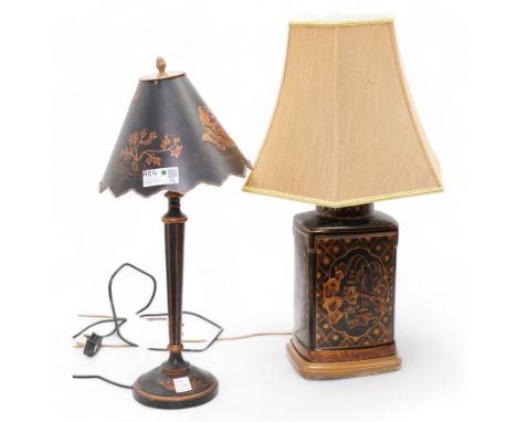 Two oriental ceramic table lamps, with gilt decoration on a black ground, max H75cm including shade (2)