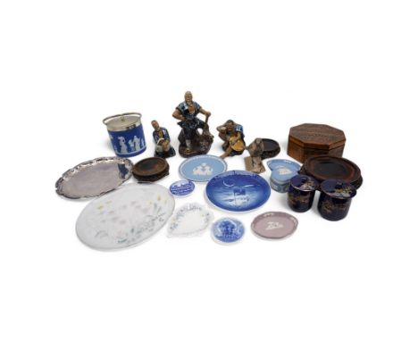Wedgwood blue jasper biscuit barrel with plated mounts, three modern Chinese figure ornaments, three Chinese vase stands, Poo