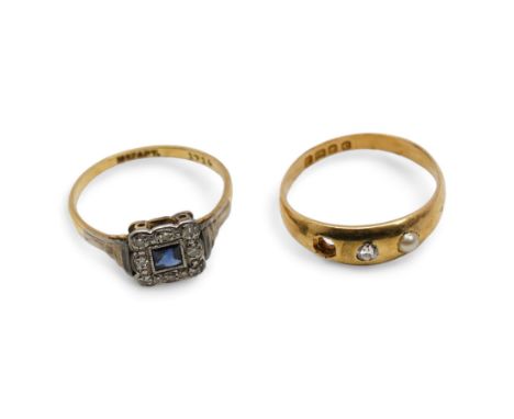 Square cut sapphire and round cut diamond cluster ring, stamped 18ct and a 18ct gold three stone old cut diamond and pearl ri