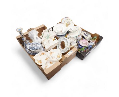 Victorian Staffordshire flatback, pair of Chelsea style poodles, French faience candlestick, Derby style bust etc in two boxe