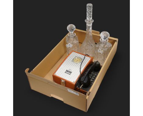 Vintage Spirit of St. Louis Cigar Break Phone, pair of cut glass decanters with Crown Staffordshire Brandy and Whisky labels 