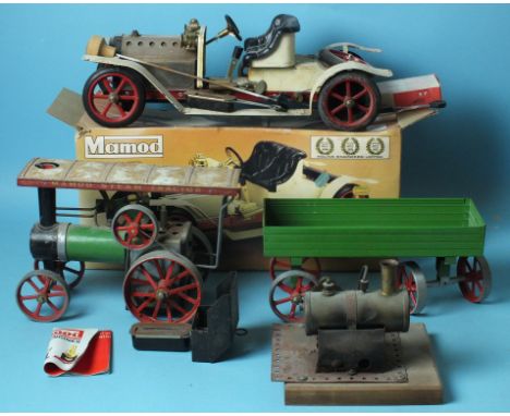 Mamod, Steam Roadster SA1, boxed, Traction Engine with open wagon and a Hobbies horizontal stationary engine, (all a/f), (4).