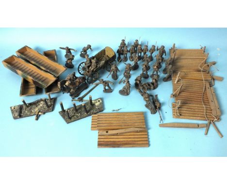 A collection of Elastolin composite soldiers, 70mm scale, WWI British Infantry, to include a tinplate horse-drawn camouflage 