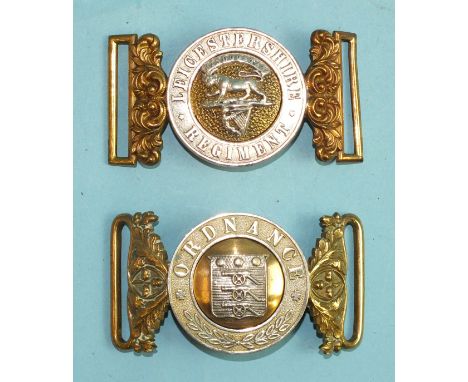 A Leicestershire Regiment brass and plated belt buckle and an Ordnance brass and plated buckle, (2).