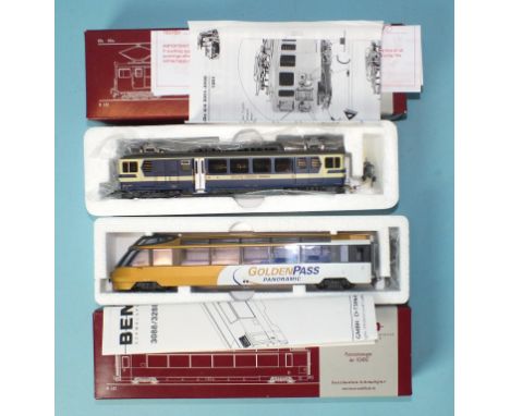 Bemo HOm gauge, 1281 twin-pantograph electric coach, (triebwagen) and 3288 "Golden Pass Panoramic" Panoramawagen, both boxed 