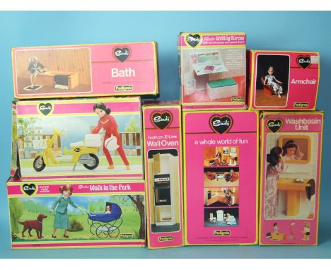 Thirteen boxed Pedigree Sindy accessories: Motorcycle, 'Walk in the Park', Wardrobe, Wash Basin Unit, Bath, Wall Oven, Writin