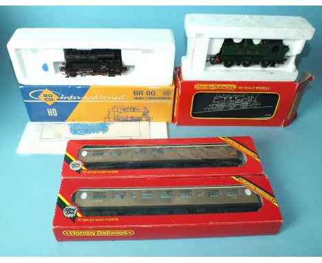 Roco HO gauge, BR80 0-6-0 Tank Engine, boxed, Hornby OO gauge R041 GWR Pannier Tank Engine, boxed and two boxed LNER coaches,