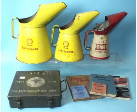 A US Army Medical Department Item 771 metal First Aid box, three Shell Oil cans and various motor guides, etc.