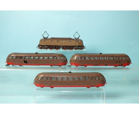 Rivarossi HO gauge, HR2233 E428.241 twin-pantograph and an unnamed three-rail car set, (re-painted), no boxes.