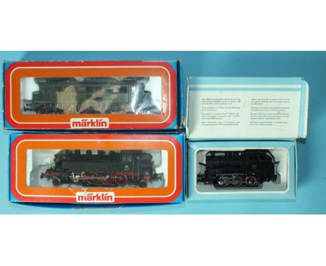 Märklin HO gauge, three boxed locomotives: 3000 0-6-0 tank engine, 3096 2-8-2 tank engine and 3049 2-6-2 pantograph electric 