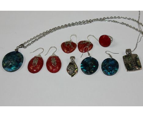 Three Abalone pendants and a pair of drop earrings; a coral ring and two pairs of coral earrings