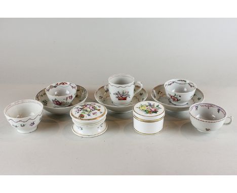 Three 18th century English porcelain tea bowls with hand painted decoration, together with two cups and three 18th century sa